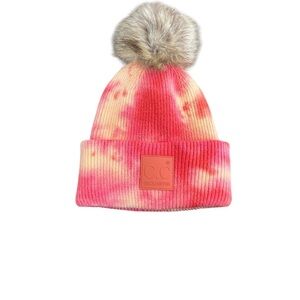 C.C. Exclusives Pink/Maroon Tie-Dye Beanie with Faux Fur Pom Pom